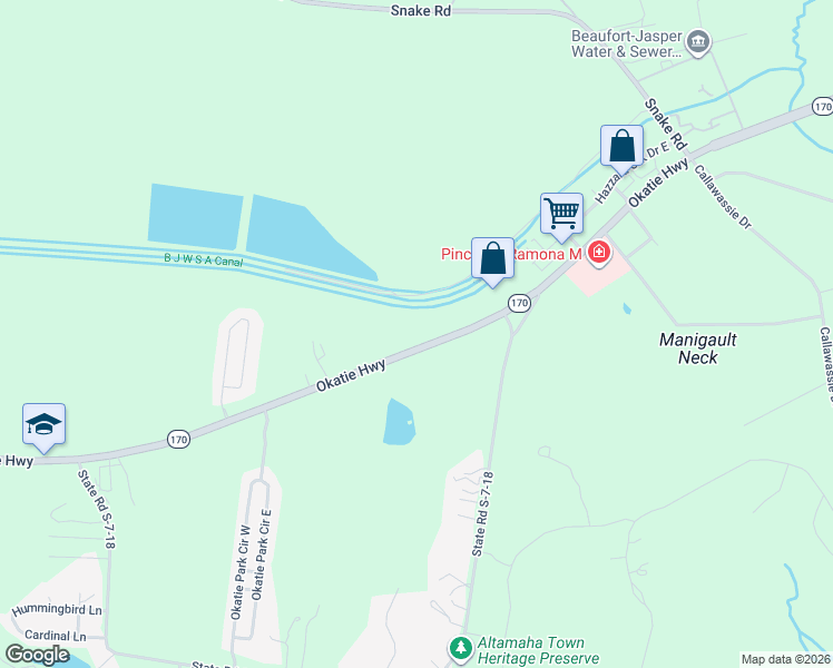map of restaurants, bars, coffee shops, grocery stores, and more near N Okatie Hwy in Ridgeland