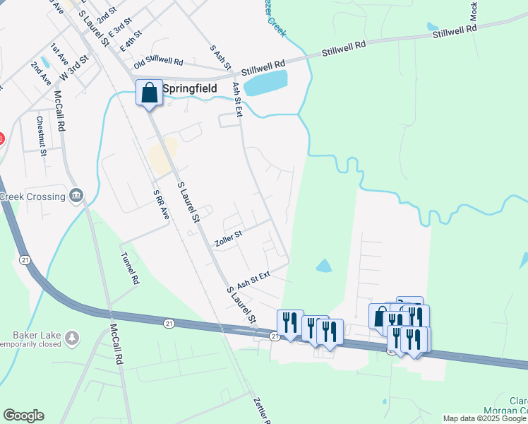 map of restaurants, bars, coffee shops, grocery stores, and more near 1030 Ash Street Extension in Springfield
