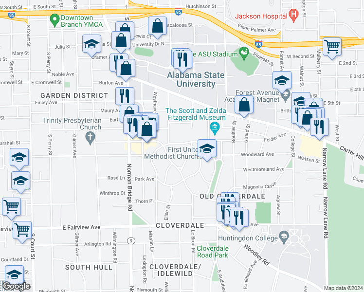 map of restaurants, bars, coffee shops, grocery stores, and more near 766 Felder Avenue in Montgomery