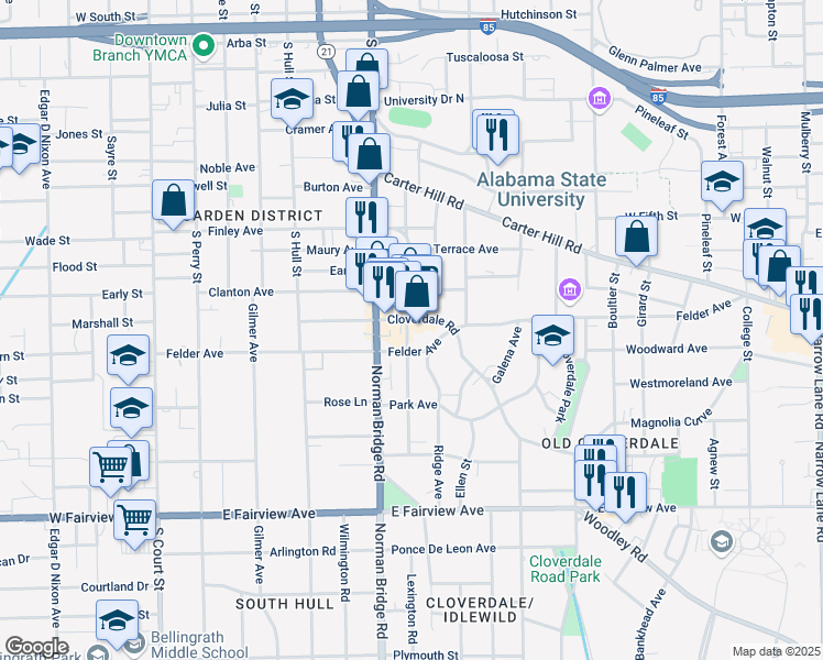 map of restaurants, bars, coffee shops, grocery stores, and more near 514 Cloverdale Road in Montgomery