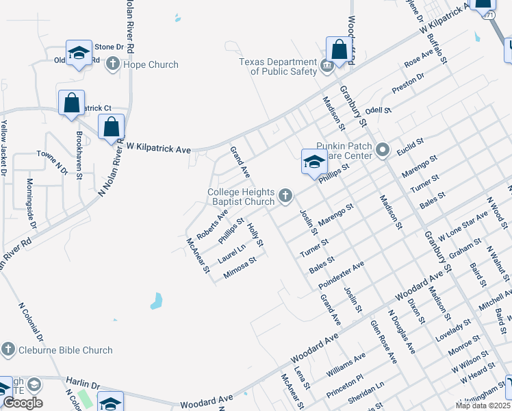 map of restaurants, bars, coffee shops, grocery stores, and more near 1302 Phillips Street in Cleburne