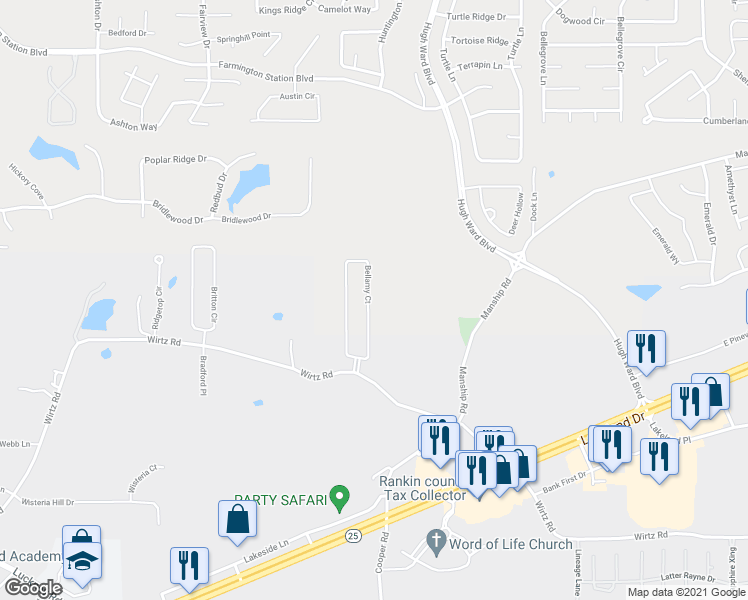 map of restaurants, bars, coffee shops, grocery stores, and more near 226 Bellamy Court in Flowood