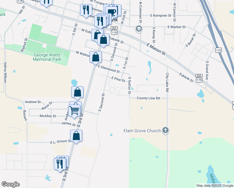map of restaurants, bars, coffee shops, grocery stores, and more near 204 Preston Circle in Mabank