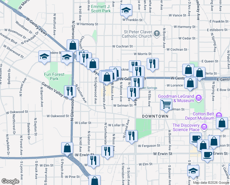 map of restaurants, bars, coffee shops, grocery stores, and more near 723 North Ross Avenue in Tyler