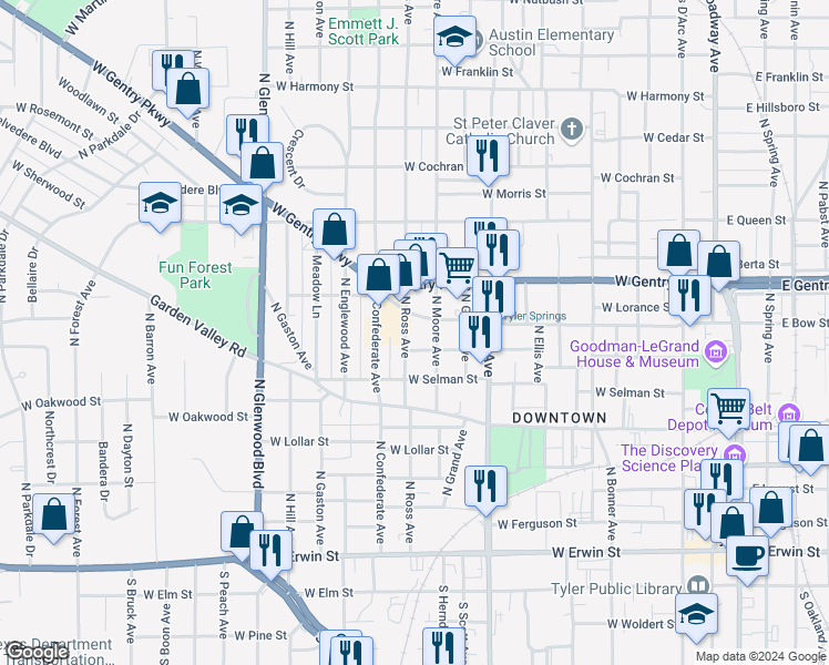 map of restaurants, bars, coffee shops, grocery stores, and more near 723 North Ross Avenue in Tyler