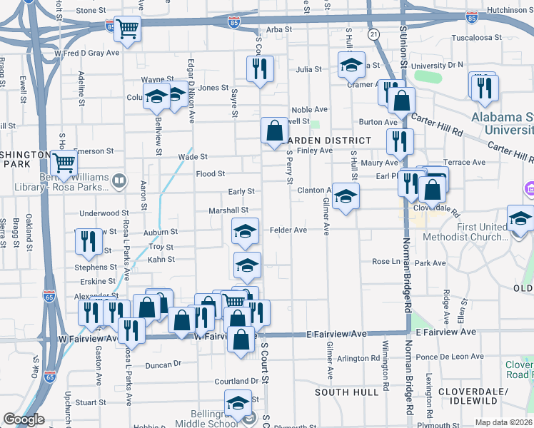 map of restaurants, bars, coffee shops, grocery stores, and more near 1607 South Court Street in Montgomery