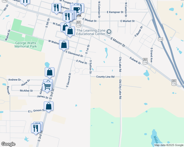 map of restaurants, bars, coffee shops, grocery stores, and more near 401 County Line Road in Mabank