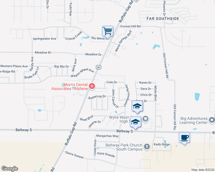 map of restaurants, bars, coffee shops, grocery stores, and more near 4526 Marlboro Drive in Abilene