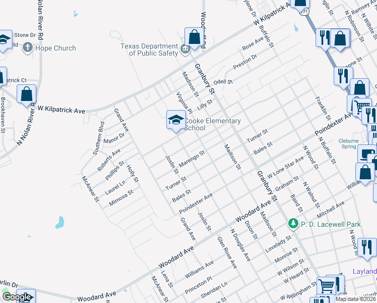 map of restaurants, bars, coffee shops, grocery stores, and more near 1706 North Douglas Avenue in Cleburne
