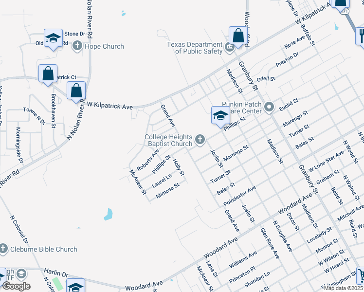 map of restaurants, bars, coffee shops, grocery stores, and more near 1302 Phillips Street in Cleburne