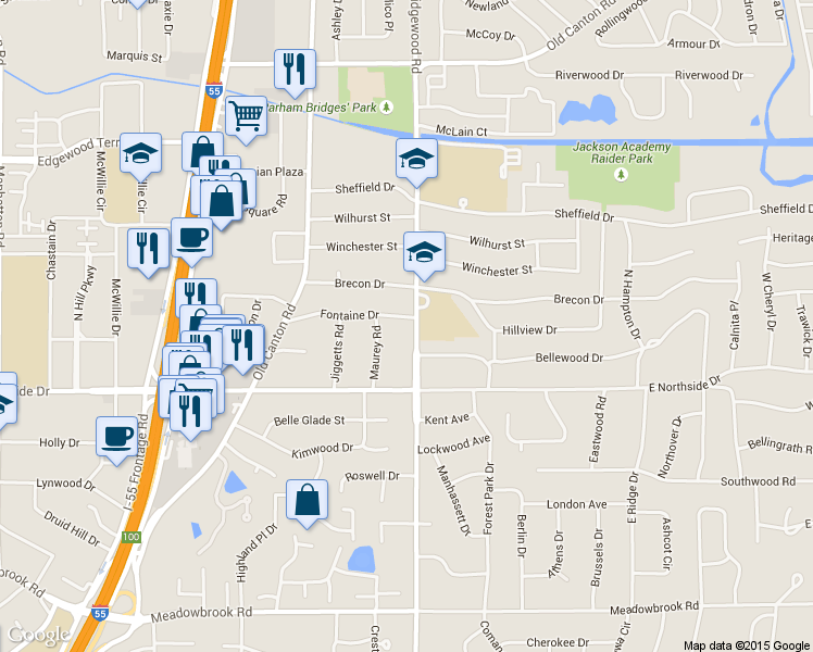 map of restaurants, bars, coffee shops, grocery stores, and more near 1535 Fontaine Drive in Jackson