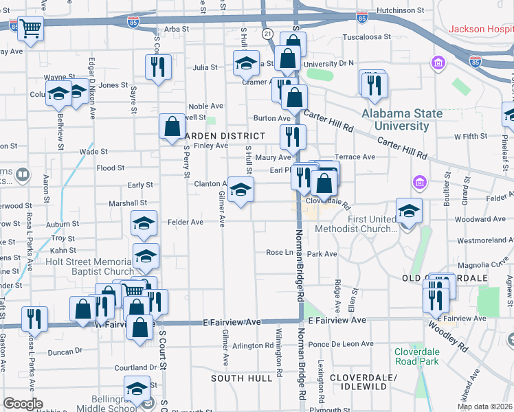 map of restaurants, bars, coffee shops, grocery stores, and more near 310 Cloverdale Road in Montgomery