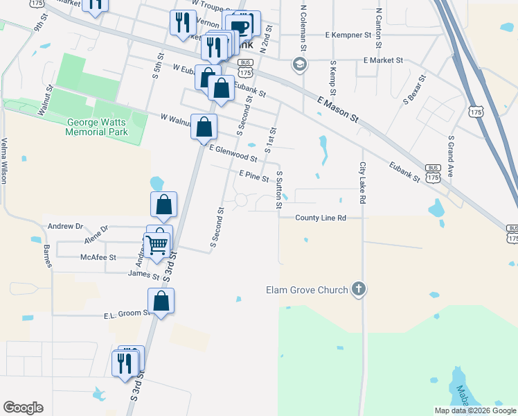 map of restaurants, bars, coffee shops, grocery stores, and more near 814 South Sutton Street in Mabank