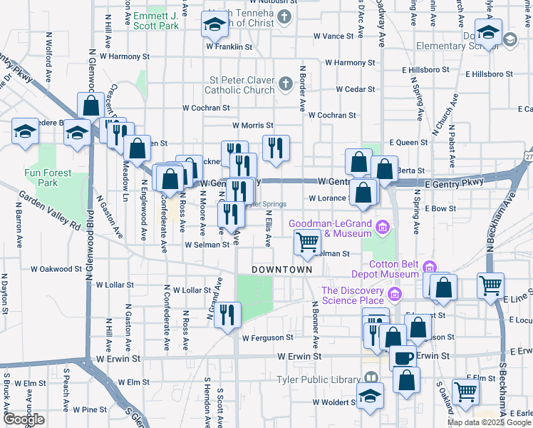 map of restaurants, bars, coffee shops, grocery stores, and more near 720 West Bow Street in Tyler