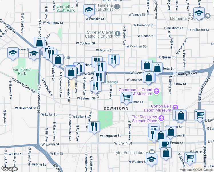 map of restaurants, bars, coffee shops, grocery stores, and more near 720 West Bow Street in Tyler