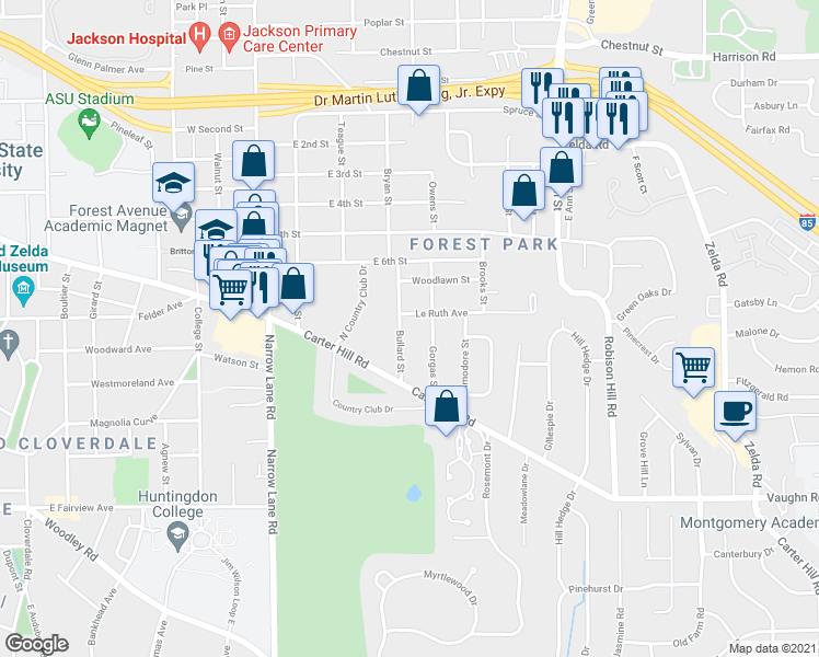 map of restaurants, bars, coffee shops, grocery stores, and more near 2011 Bullard Street in Montgomery