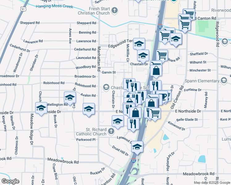 map of restaurants, bars, coffee shops, grocery stores, and more near 4704 Chastain Drive in Jackson