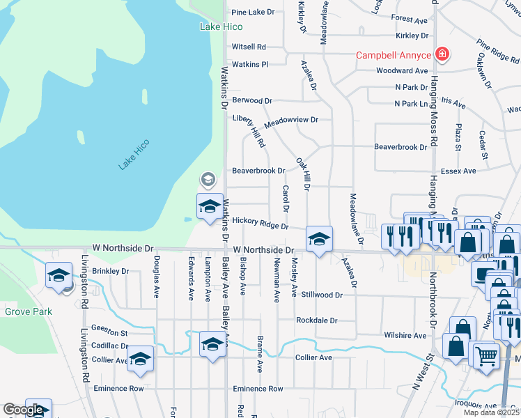 map of restaurants, bars, coffee shops, grocery stores, and more near 715 Kensington Place in Jackson