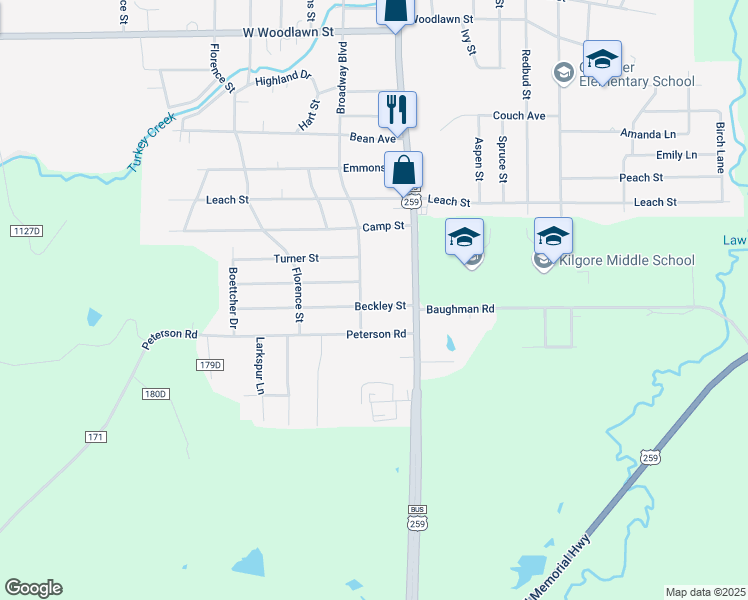 map of restaurants, bars, coffee shops, grocery stores, and more near 813 Beckley Street in Kilgore