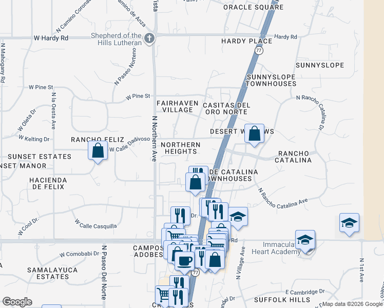 map of restaurants, bars, coffee shops, grocery stores, and more near 8340 North Austin Nikolas Court in Tucson