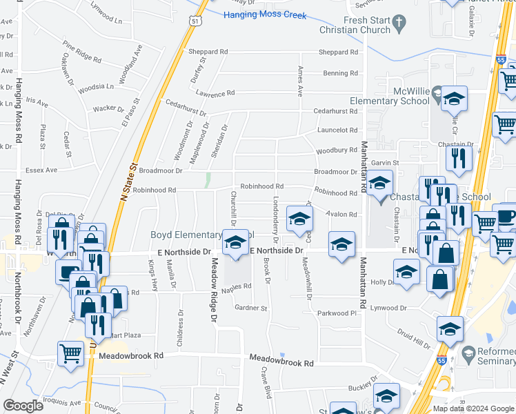 map of restaurants, bars, coffee shops, grocery stores, and more near 543 Avalon Road in Jackson