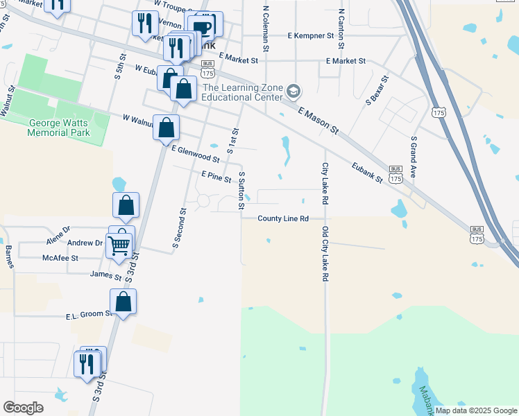 map of restaurants, bars, coffee shops, grocery stores, and more near 401 County Line Road in Mabank