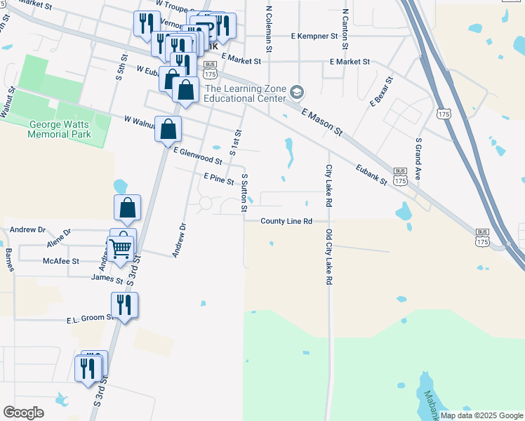 map of restaurants, bars, coffee shops, grocery stores, and more near 401 County Line Road in Mabank
