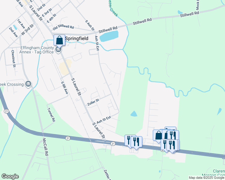 map of restaurants, bars, coffee shops, grocery stores, and more near 216 Stag Road in Springfield
