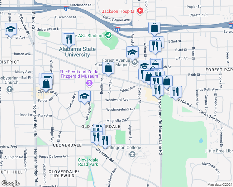 map of restaurants, bars, coffee shops, grocery stores, and more near 1216 Felder Avenue in Montgomery