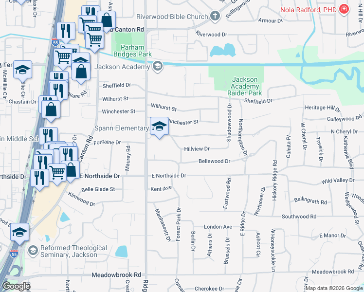 map of restaurants, bars, coffee shops, grocery stores, and more near 1746 Hillview Drive in Jackson