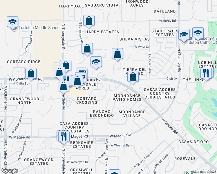 map of restaurants, bars, coffee shops, grocery stores, and more near 8351 North Johnson Drive in Tucson