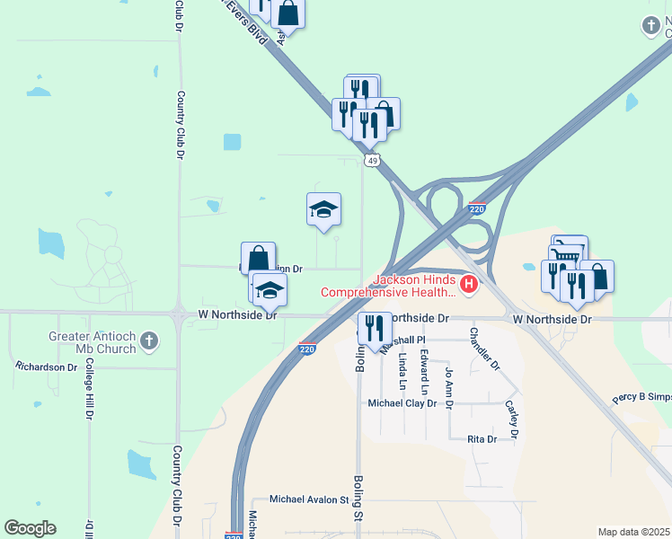 map of restaurants, bars, coffee shops, grocery stores, and more near 3834 Peter Quinn Drive in Jackson