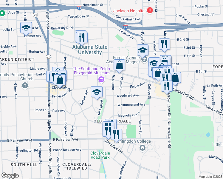 map of restaurants, bars, coffee shops, grocery stores, and more near 1100 Felder Avenue in Montgomery