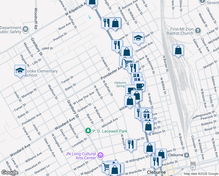 map of restaurants, bars, coffee shops, grocery stores, and more near 1006 North Buffalo Street in Cleburne