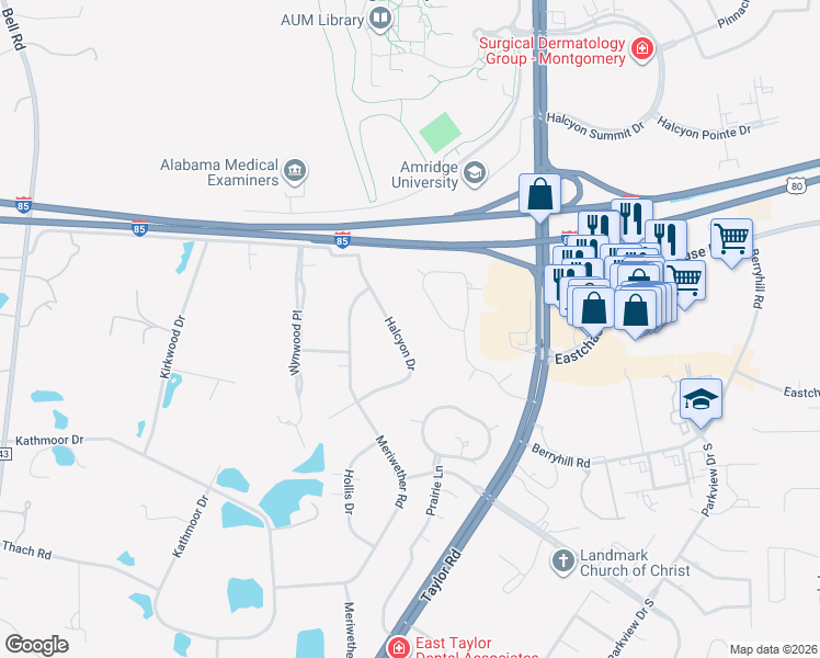 map of restaurants, bars, coffee shops, grocery stores, and more near 6465 Halcyon Drive in Montgomery