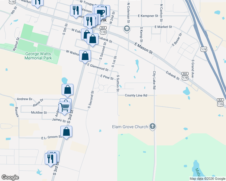 map of restaurants, bars, coffee shops, grocery stores, and more near 814 South Sutton Street in Mabank