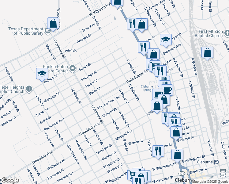 map of restaurants, bars, coffee shops, grocery stores, and more near 409 Poindexter Ave in Cleburne
