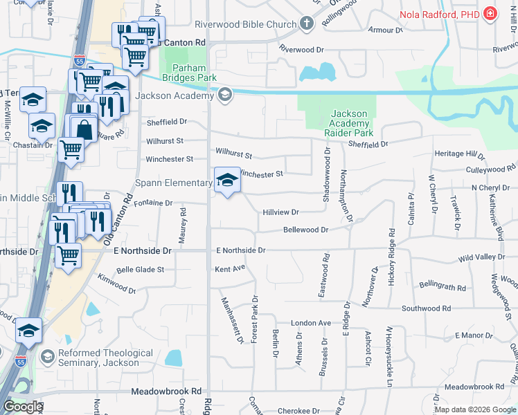 map of restaurants, bars, coffee shops, grocery stores, and more near 1746 Hillview Drive in Jackson