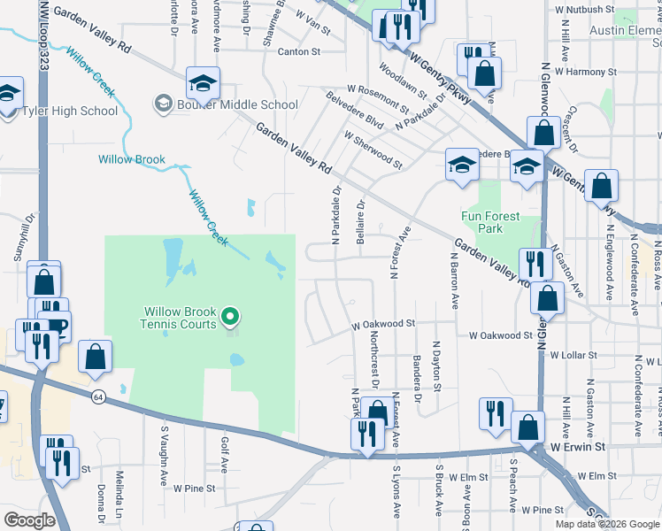 map of restaurants, bars, coffee shops, grocery stores, and more near 2514 Caldwell Boulevard in Tyler