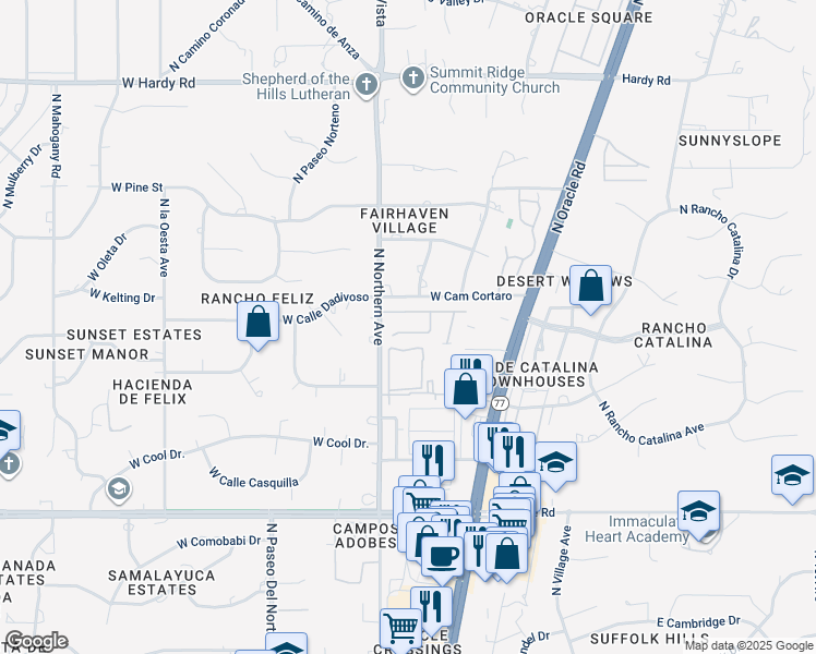 map of restaurants, bars, coffee shops, grocery stores, and more near 534 West Faith Dawn Court in Tucson
