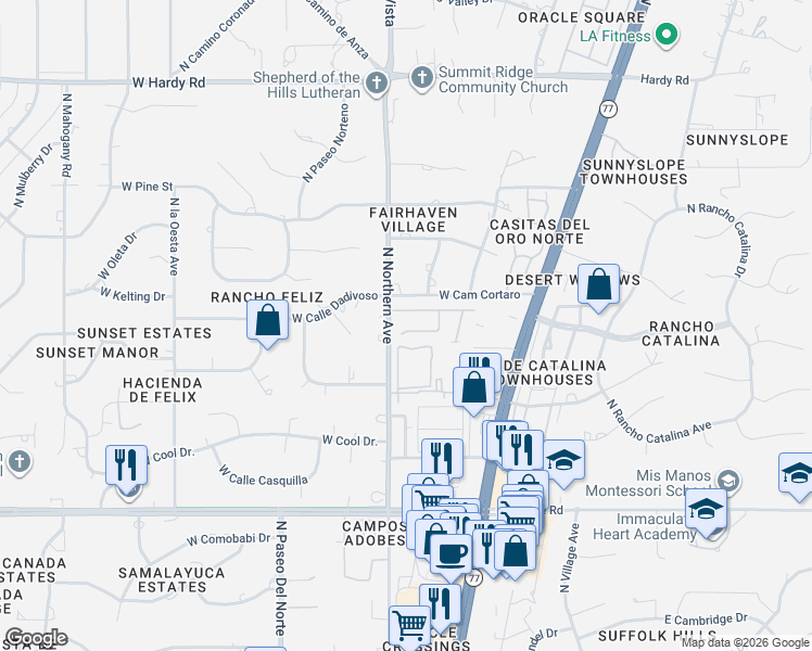 map of restaurants, bars, coffee shops, grocery stores, and more near 570 West Faith Dawn Court in Tucson