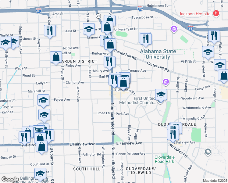 map of restaurants, bars, coffee shops, grocery stores, and more near 402 Cloverdale Road in Montgomery