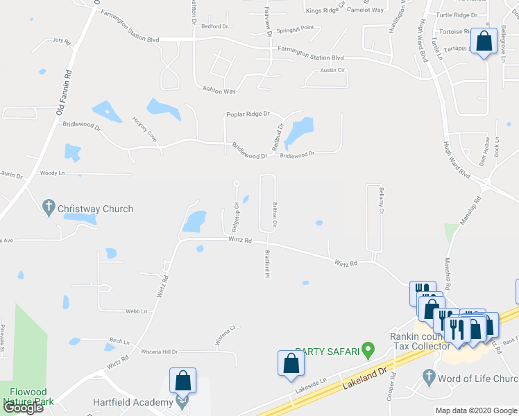 map of restaurants, bars, coffee shops, grocery stores, and more near Britton Circle in Flowood