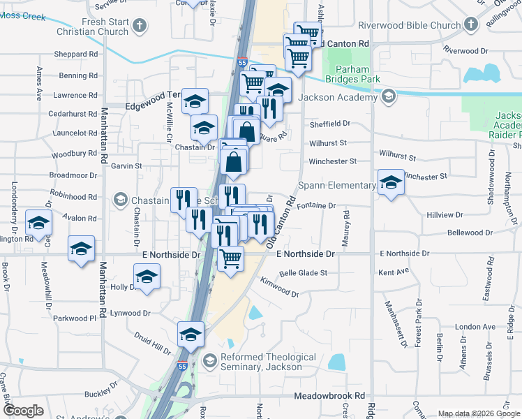 map of restaurants, bars, coffee shops, grocery stores, and more near 4635 Kelton Drive in Jackson