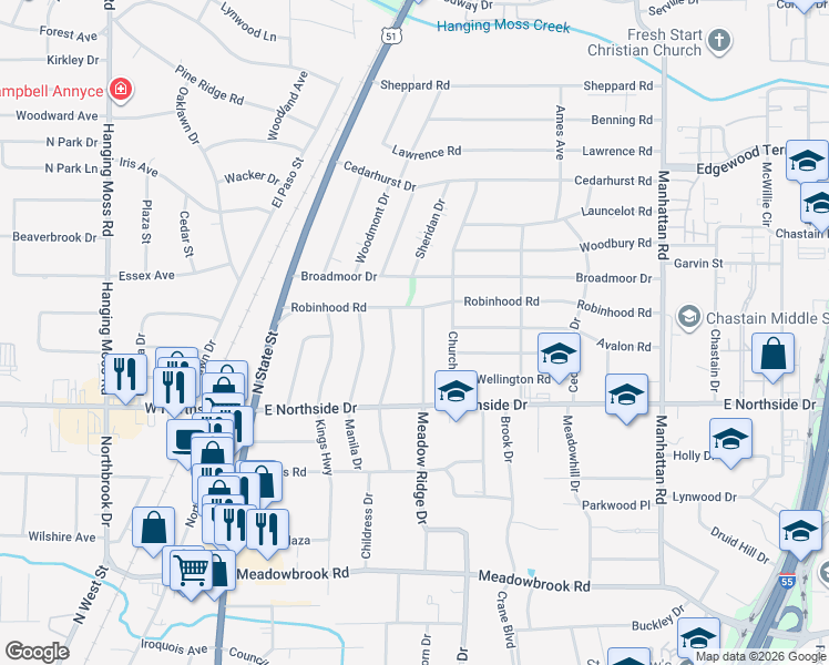 map of restaurants, bars, coffee shops, grocery stores, and more near 4643 Meadowridge Drive in Jackson