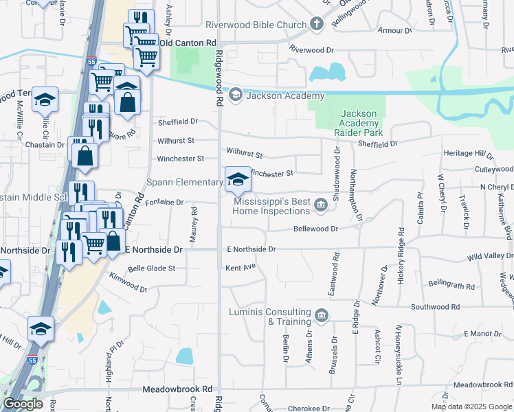 map of restaurants, bars, coffee shops, grocery stores, and more near 1717 Hillview Drive in Jackson