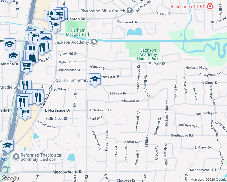 map of restaurants, bars, coffee shops, grocery stores, and more near 1746 Hillview Drive in Jackson