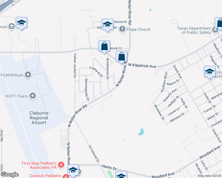 map of restaurants, bars, coffee shops, grocery stores, and more near 1501 North Nolan River Road in Cleburne