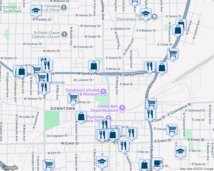 map of restaurants, bars, coffee shops, grocery stores, and more near 100-198 West Bow Street in Tyler