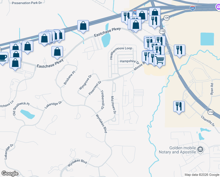 map of restaurants, bars, coffee shops, grocery stores, and more near 7042 Mid Pines Dr in Montgomery